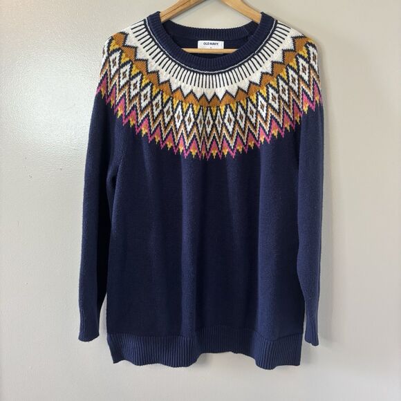 Old Navy Womens Fair Isle Sweater Navy Pink Pullover Sz XXL - Picture 1 of 7